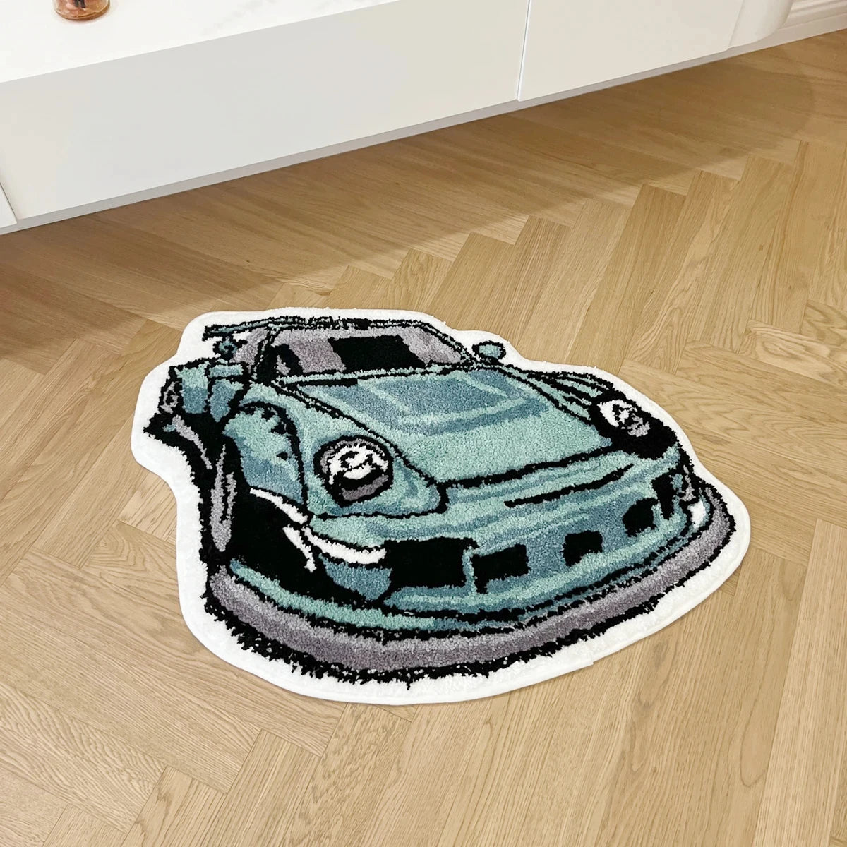 Enthusiast Green Sports Car Shaped Flocking Rug Irregular Geometric Carpet Bed Side Anti Slip Floor Pad Doormat Aesthetic Home